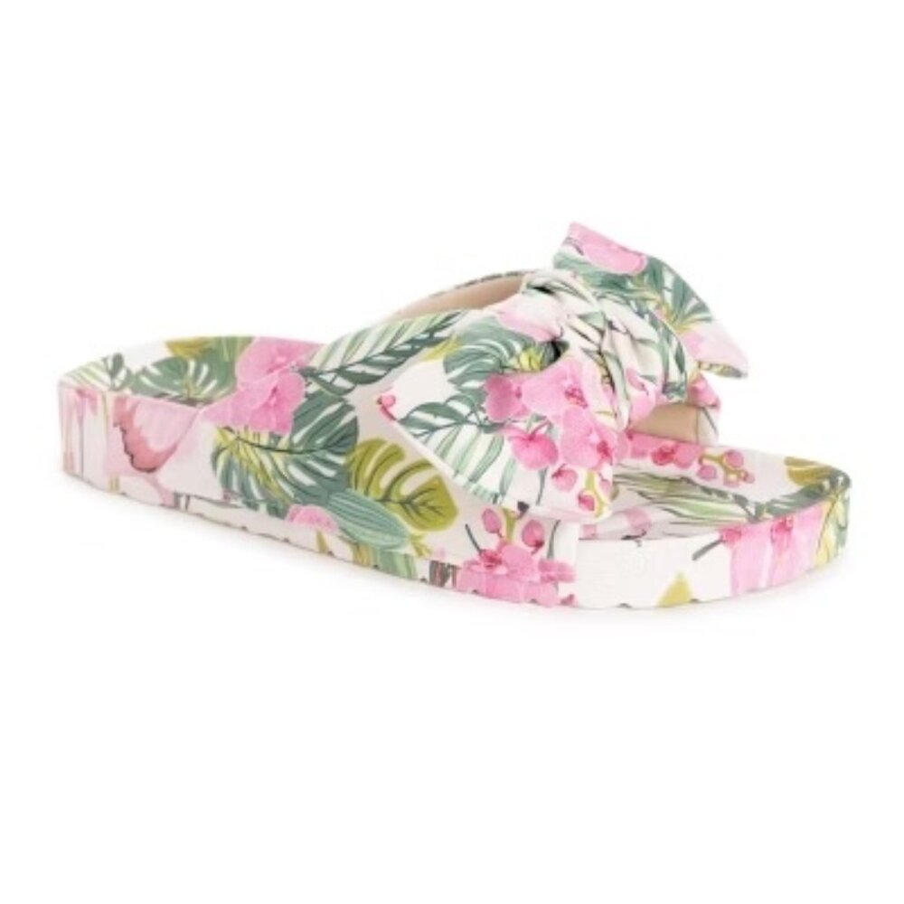 LUKEES by MUK LUKS White & Green Floral & Leaf-Print Island Luau Slide